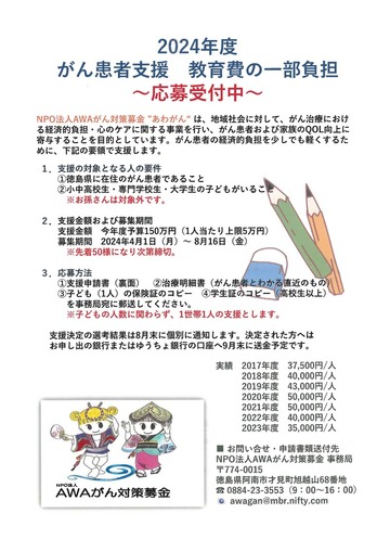 2024年度　がん患者支援　教育費の一部負担　～応募受付中～